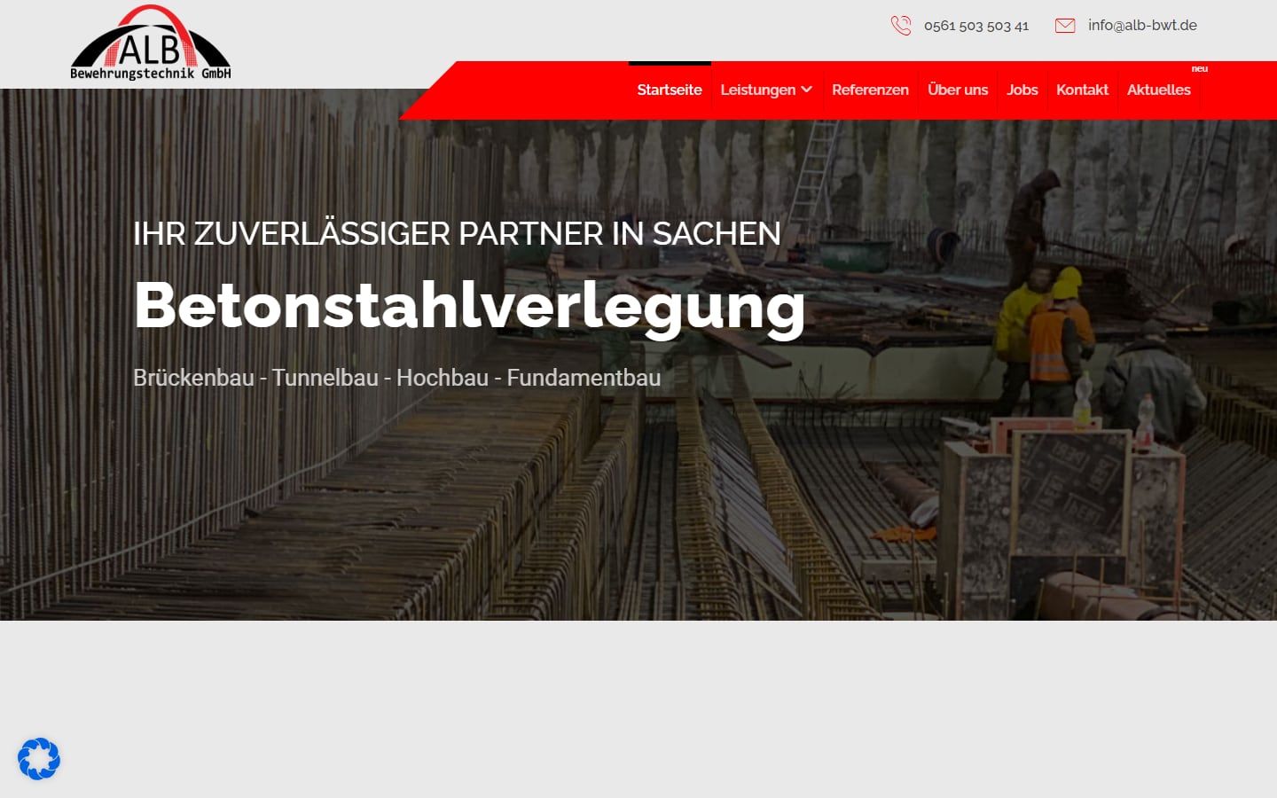 Screenshot der Startseite von ALB Bewehrungstechnik