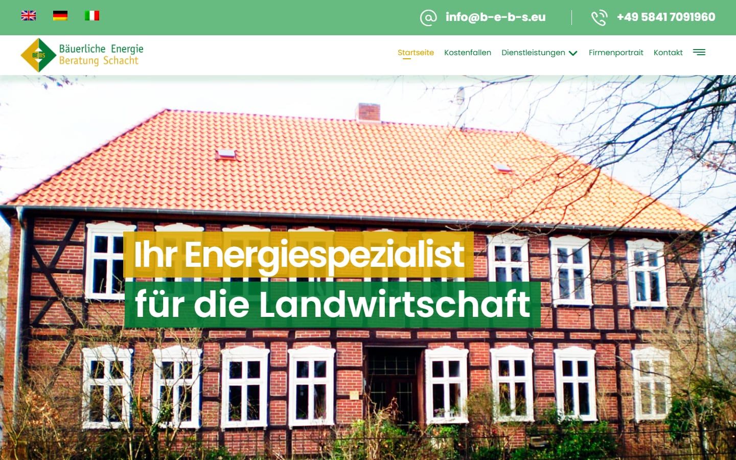 Screenshot der Startseite von BEBS – Bäuerliche Energie Beratung Schacht