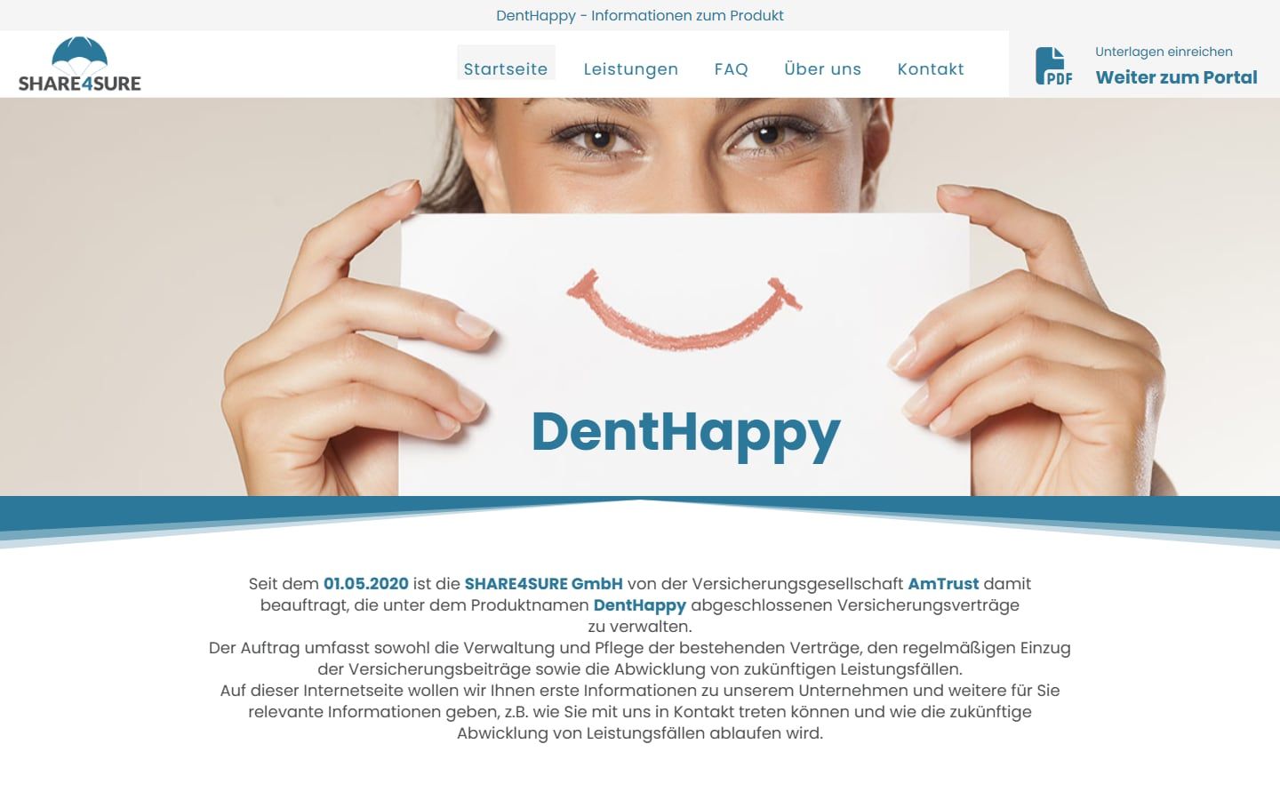 Screenshot der Startseite von DentHappy (SHARE4SURE)