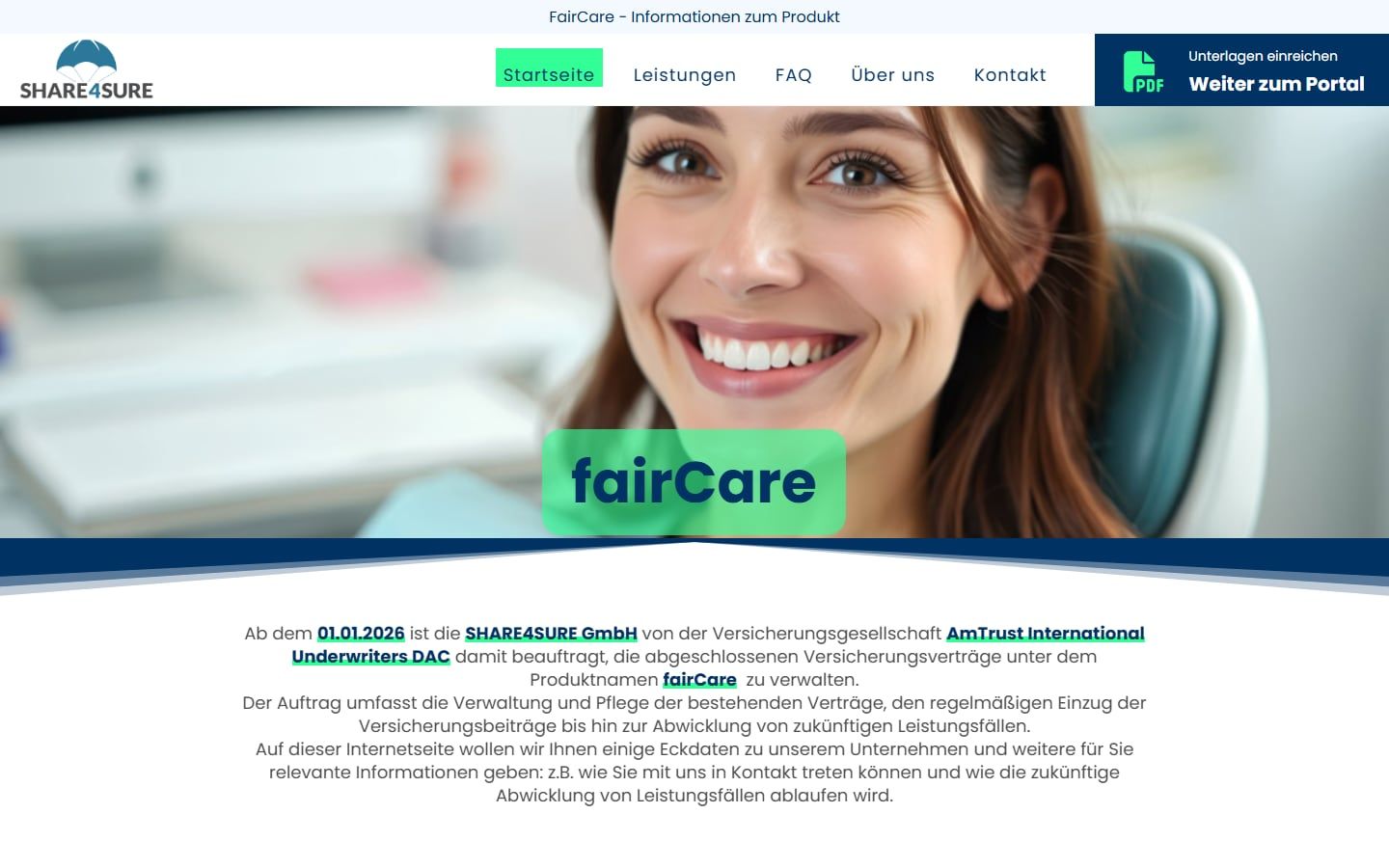 Screenshot der Startseite von fairCare (SHARE4SURE)