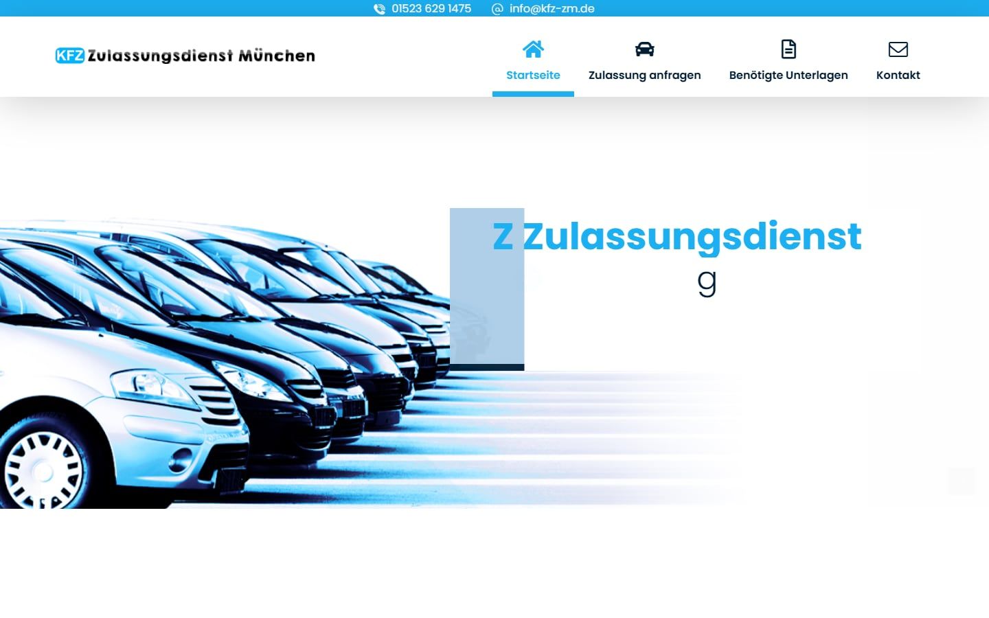 Screenshot der Startseite von Kfz-Zulassungsdienst München