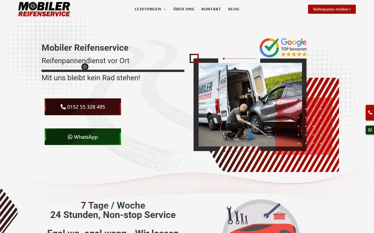 Screenshot der Startseite von Mobiler Reifenservice Penev