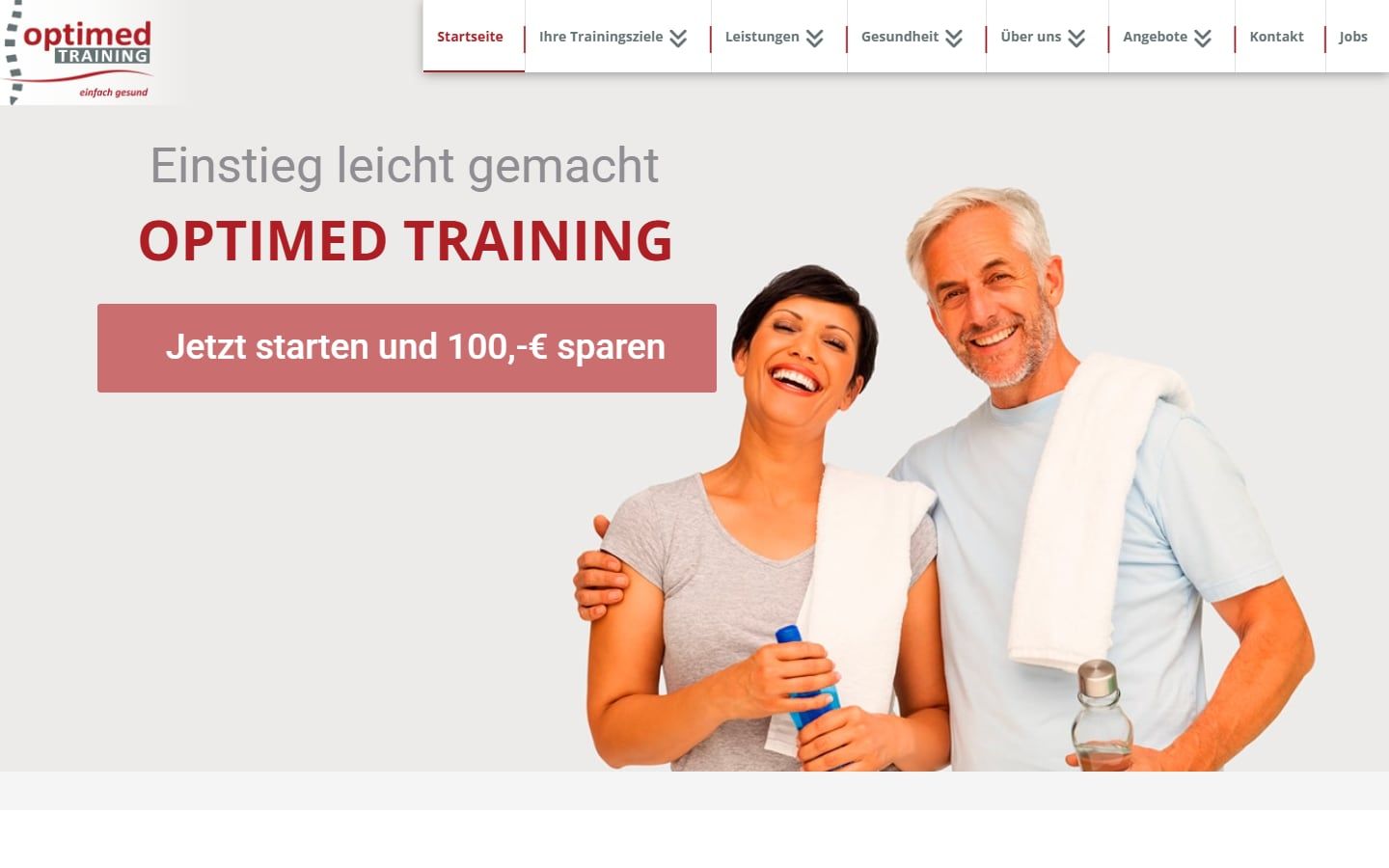 Screenshot der Startseite von Optimed Training